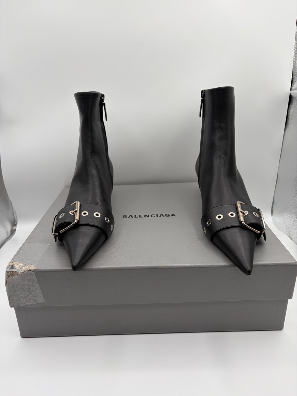 Authentic Balenciaga BB Black Leather Pointed Toe Knife Buckle Ankle Boots 37